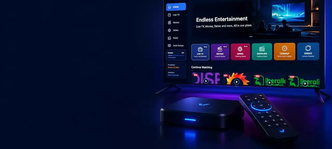 Animated 3D scene of the VERINZO setup: a TV running the player, with the box and remote on the surface in front of it.