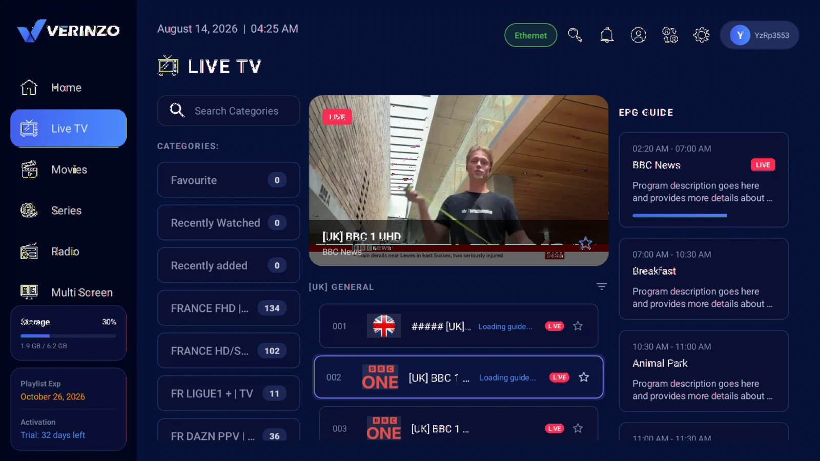 Live TV with a full EPG guide
